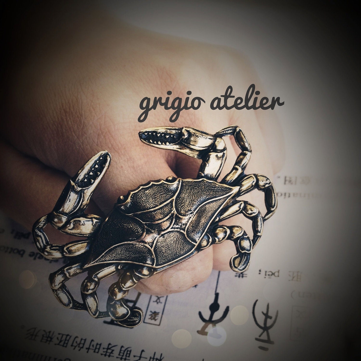NEW - Cancer the Crab Ring - Antique Gold  - SOLDERED - Made in USA stamping