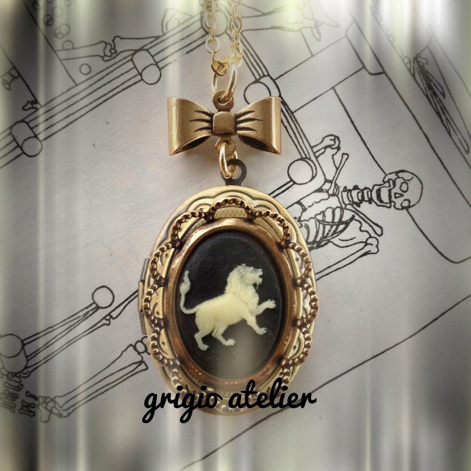 NEW - LEO Locket with Bow Tie Necklace - Ivory Black Lion Cameo - Made in USA findings