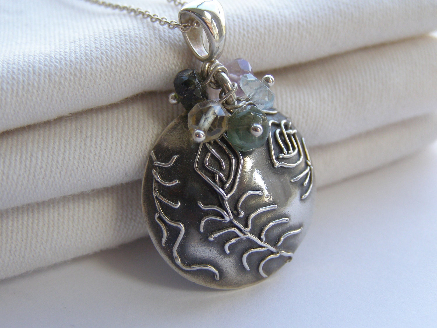 Fine Silver Pendant with Leaves and hand painted flowers