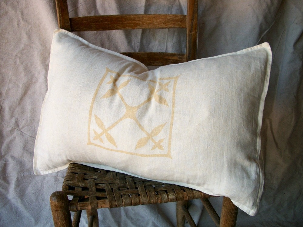 Accent Pillow Cover Designer Decorative Ivory Linen Hand Printed Gold Olive Leaf Motif  Rustic  17 x 23