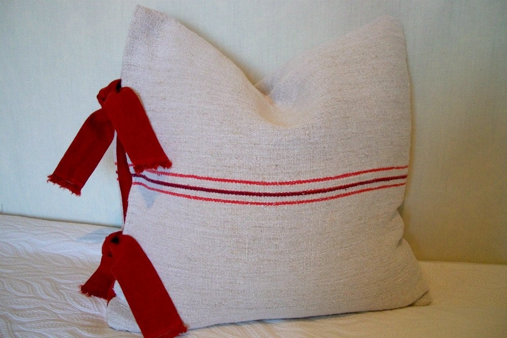 Vintage Grainsack Pillow Cover Cranberry Red Accent