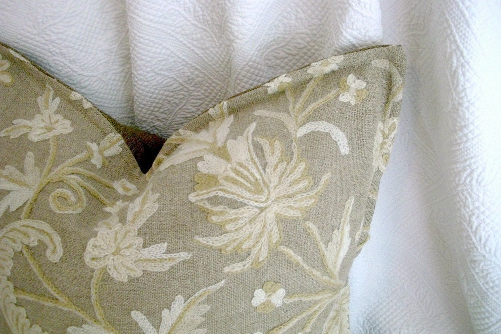 Rustic Cottage Wool and Hemp CREWEL Pillow Cover