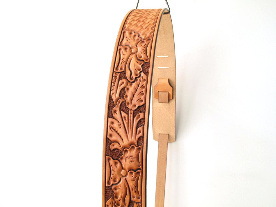 Handmade Wild Rose Floral Carved 2" Leather Guitar Strap - Saddle Tan