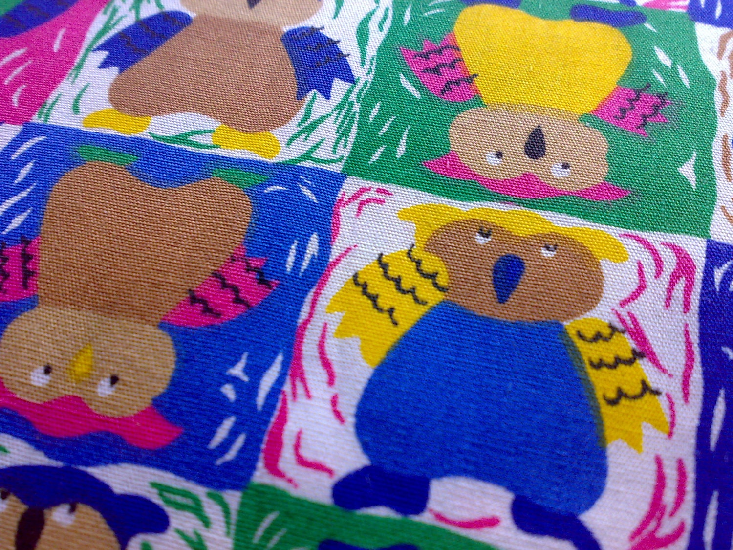 Hooting Owls Fabric - Colorful Blue Cotton Polyester Printed