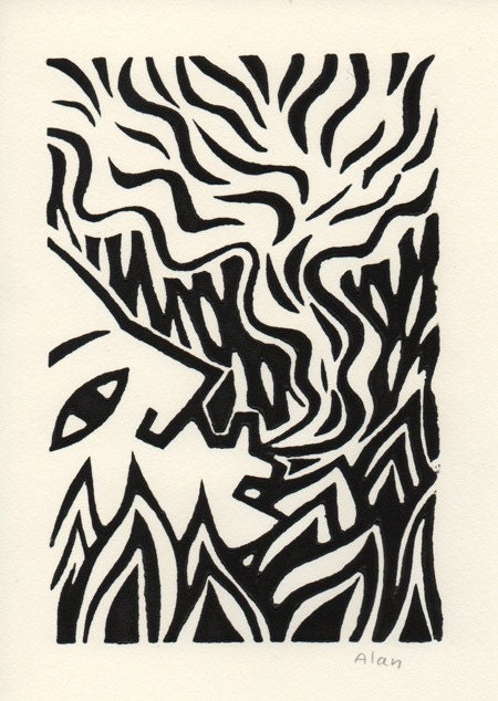 No smoke without fire. Linocut