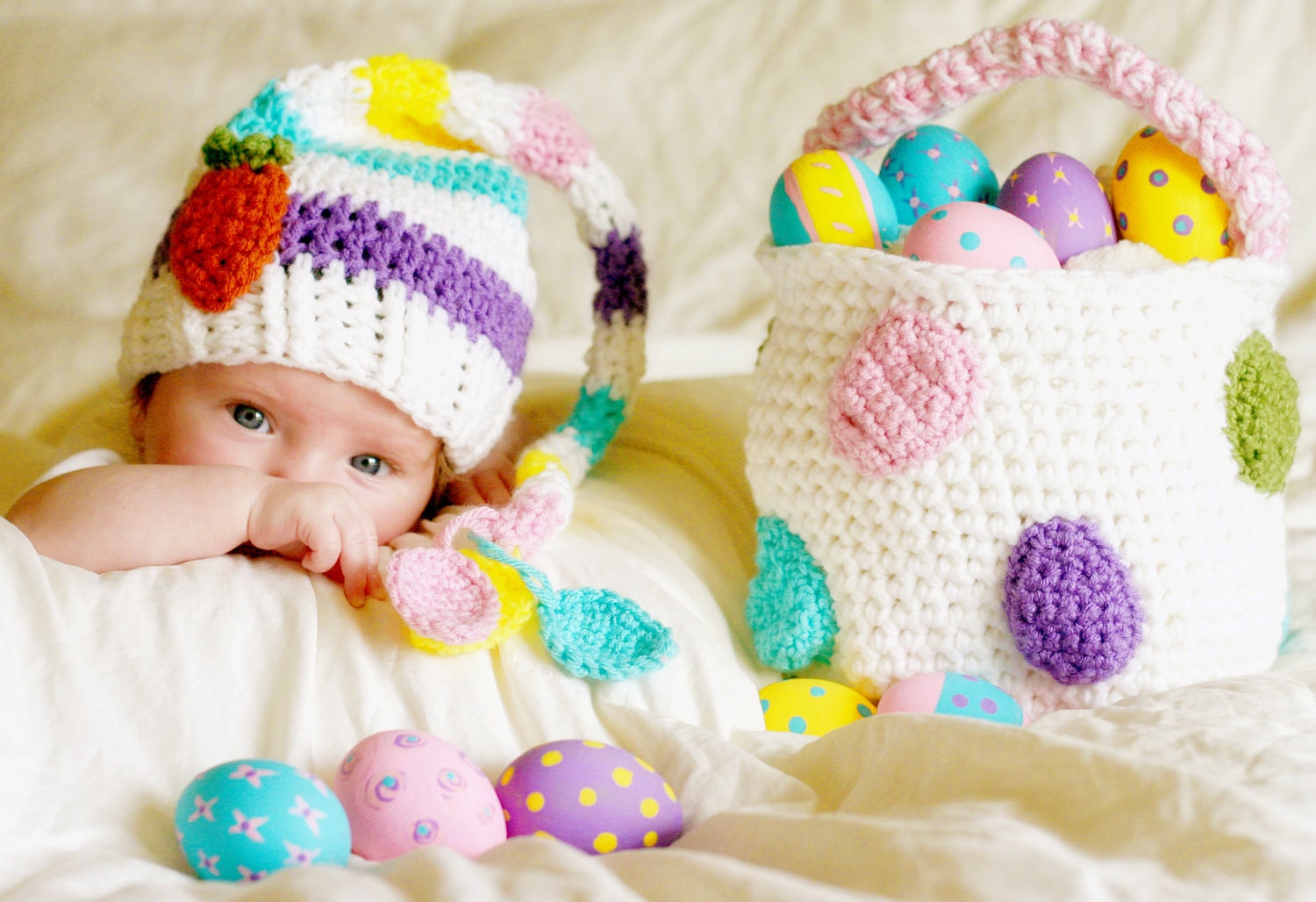 Long Tail Easter Pastels Elf Hat and Basket with Easter Eggs and Carrot - Newborn, 3-6, 6-12, Toddler- Great Photo Prop - Made to Order