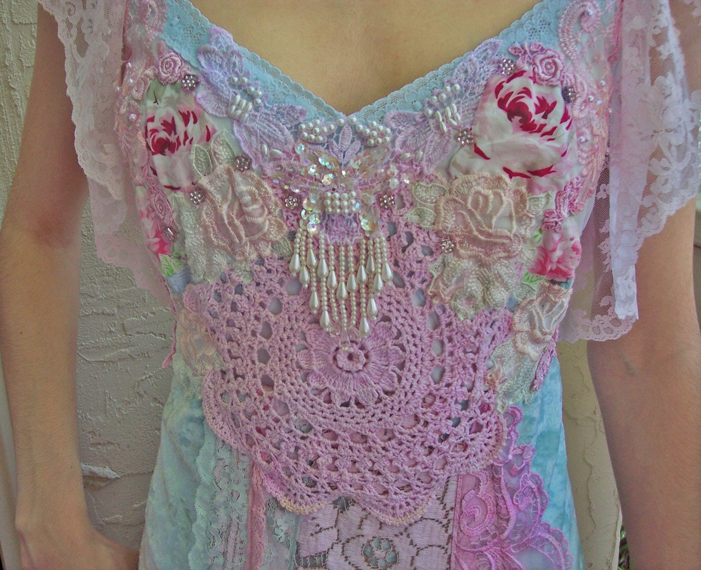 Reserved - Aqua Blue Velvet and Vintage Crochet Lace Quilt Dress