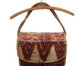 Vintage Boho Purse Cloth and Straw Vinyl Covered  .. Roomy ..