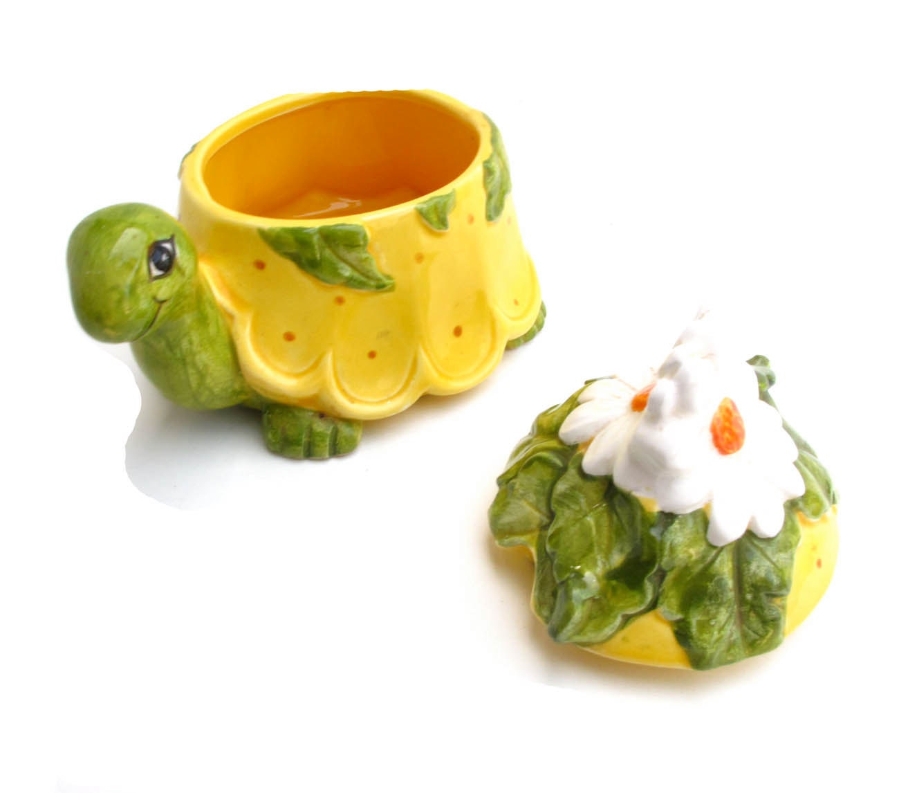 1970s Josef RARE Porcelain Sugar Bowl with Lid Sunny Yellow Turtle with Daisies