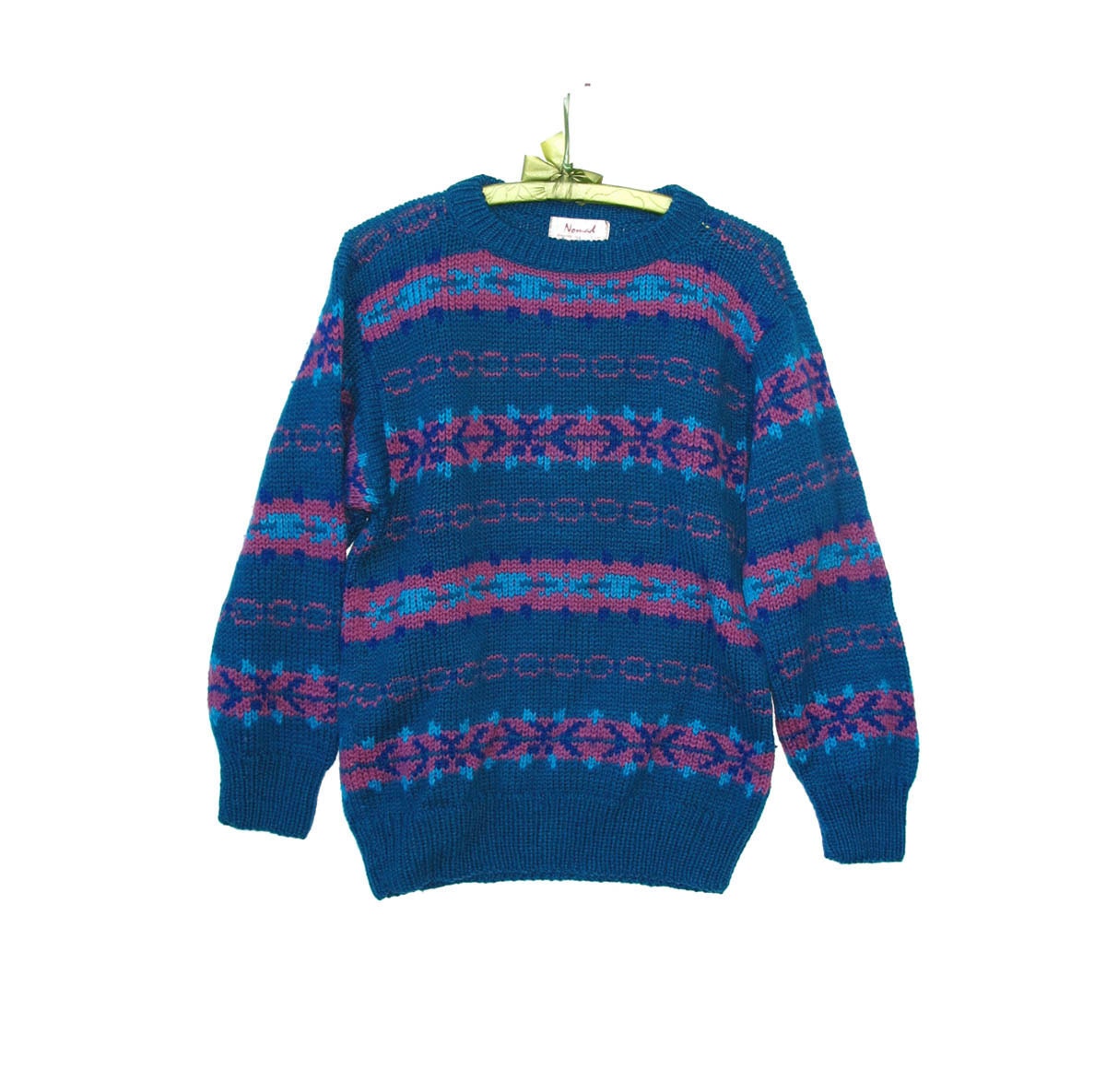 80s Vintage Sweater Hand Knit Wool Pullover M Adult Vegetable Dyes Striped