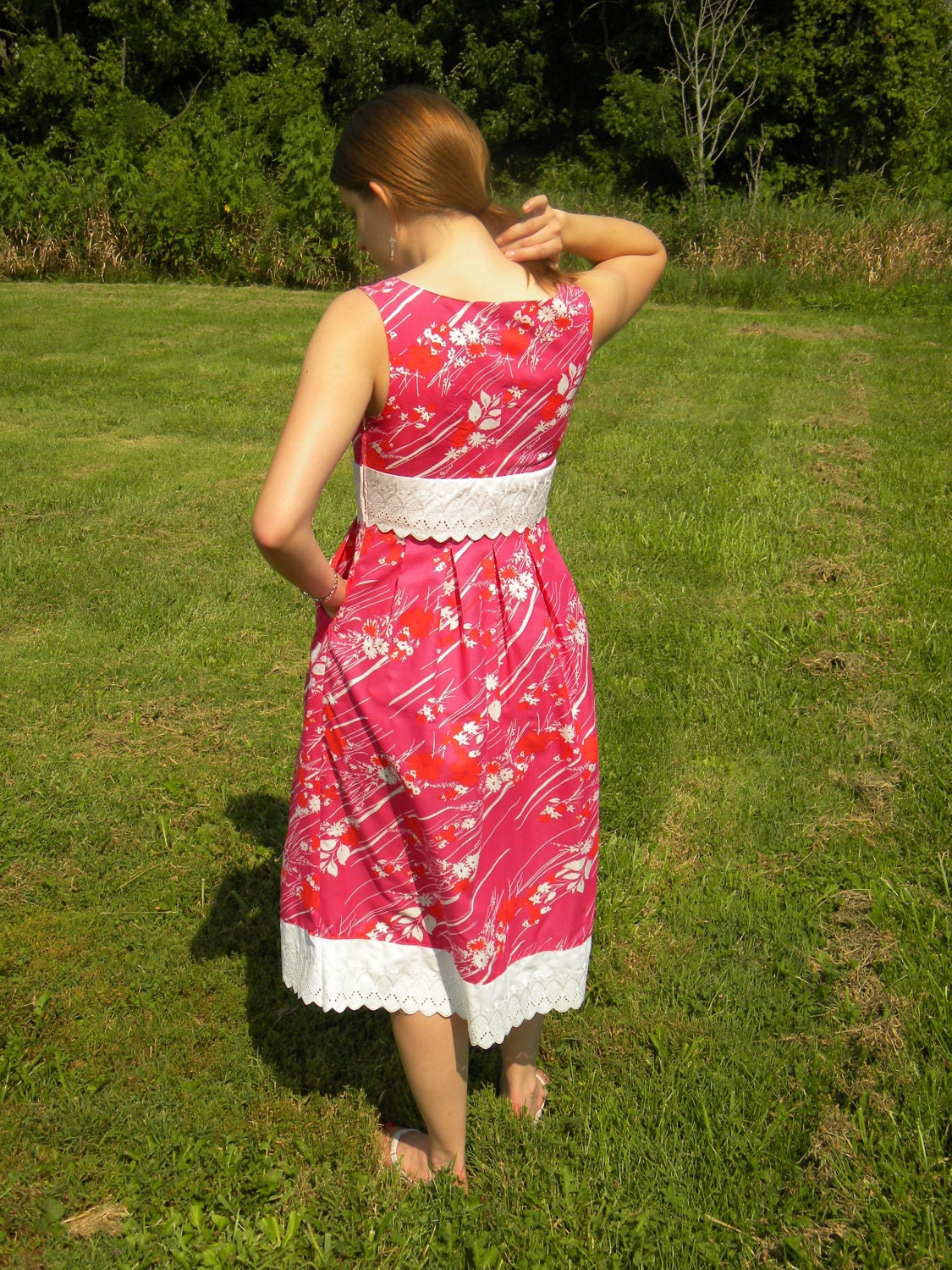 Summer Dress, Pink Sundress w/ Pockets, hot pink fabric and white lace trim, high neck, modest - Ready-made size 6
