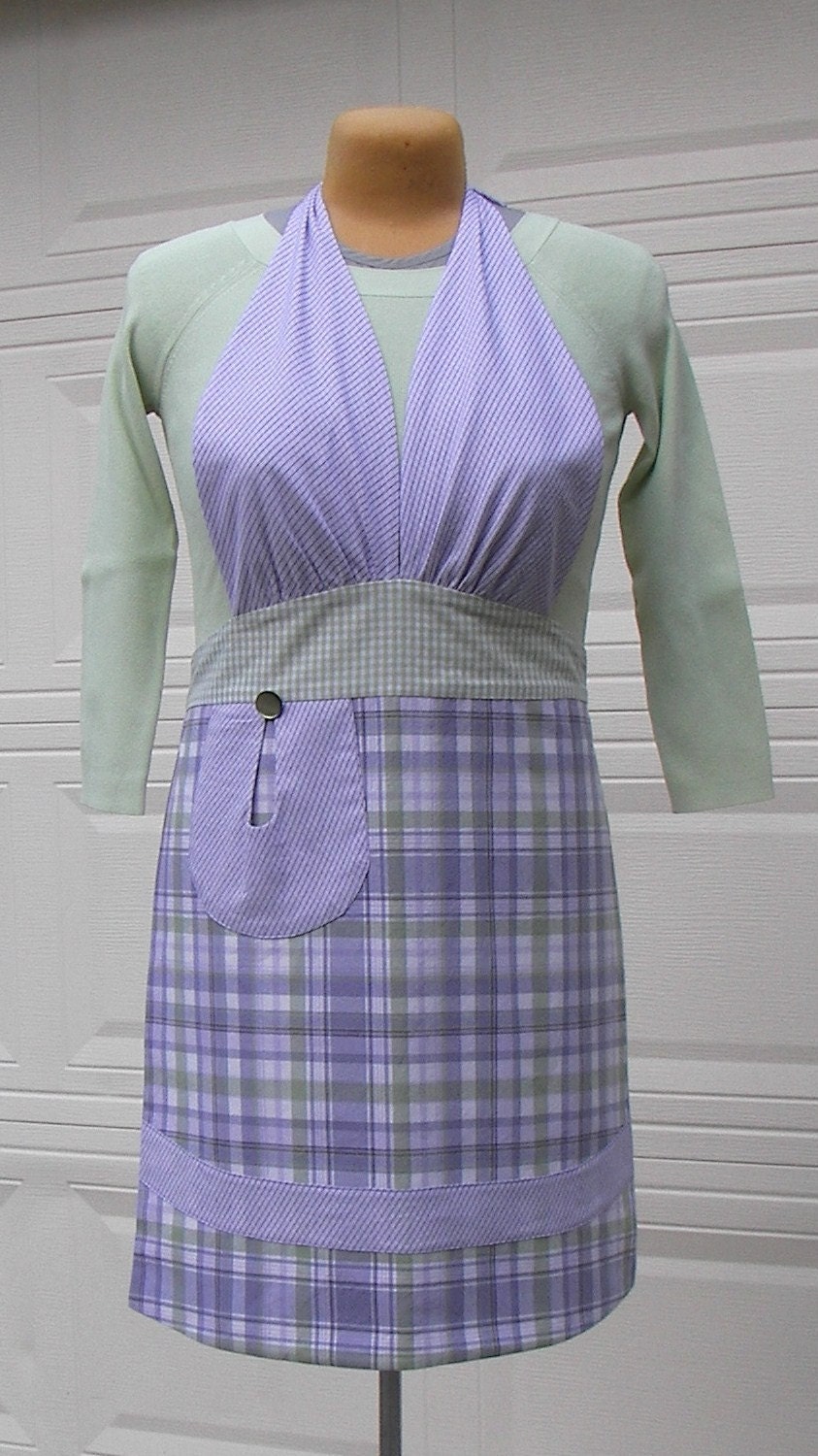 Apron - Full Apron - Lavender, Green, and White Plaid - Springtime Apron, Mother's Day Apron - OOAK