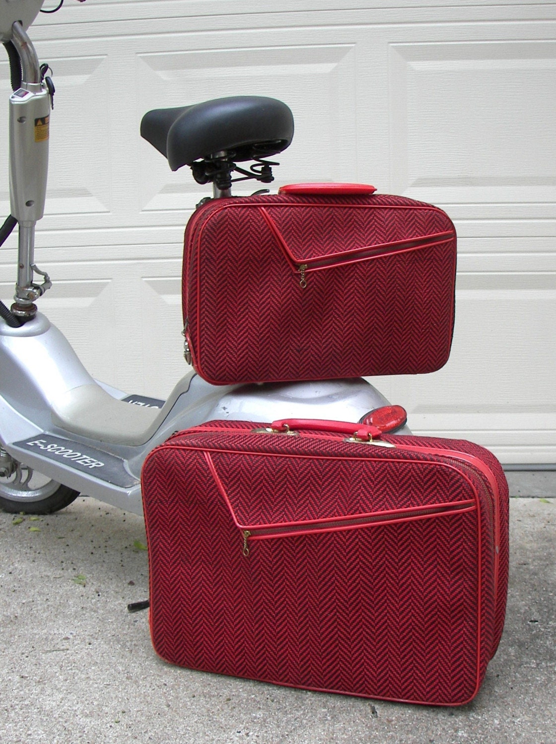 Vintage Red and Black Luggage - Chevron or Herringbone Patterned Suitcases - Nesting Luggage Set - 2 Cases - Clearance Sale Item