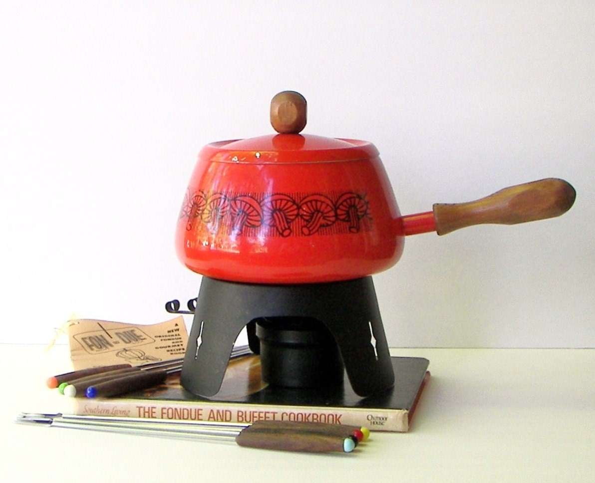 Fondue Set - VINTAGE Gailstyn Gracious Gifts - Orange Fondue Pot, Stand, 8 Fondue Forks, and Two Recipe Books - 1971