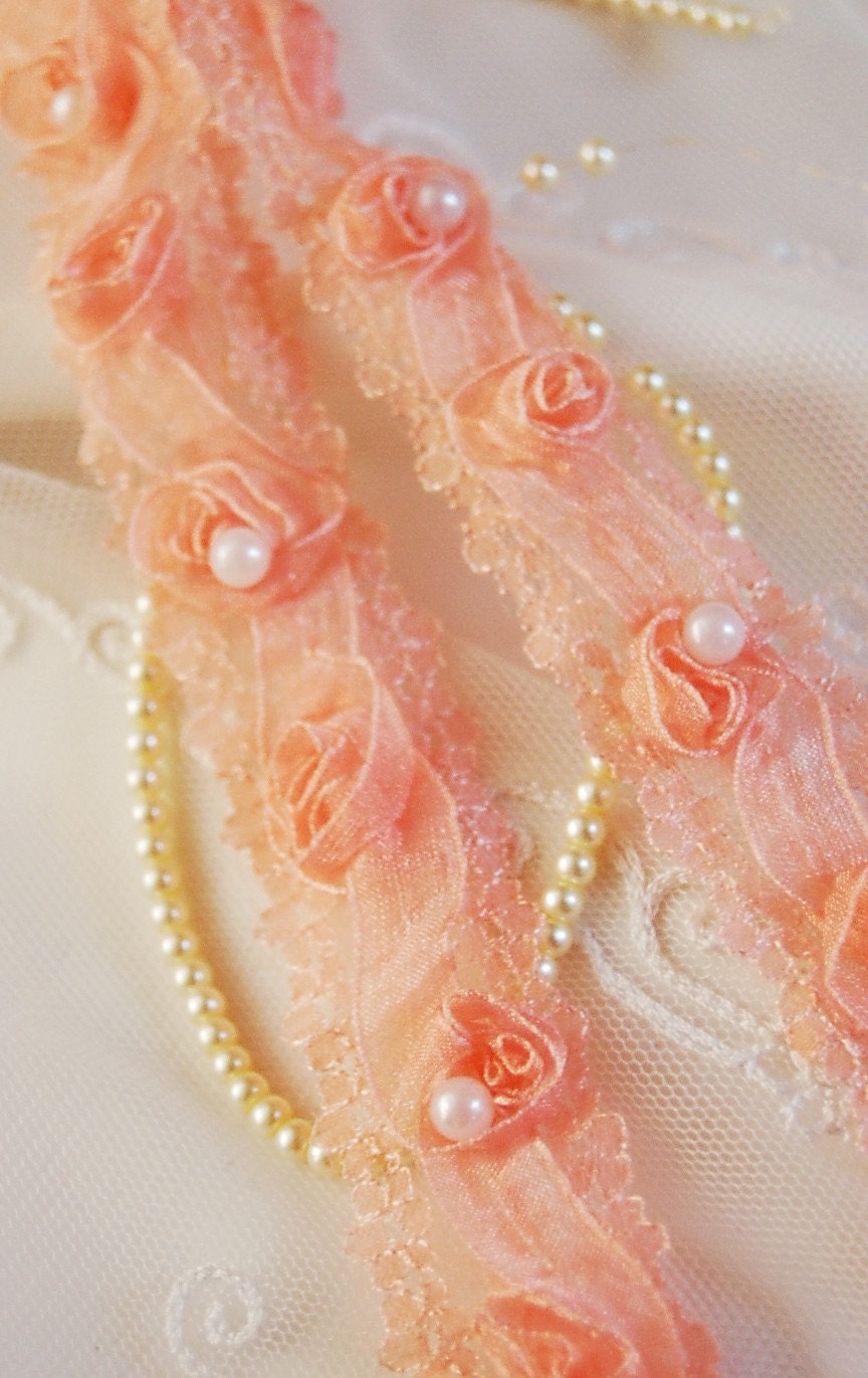 Coral Shabby Chic Organza Ribbon Rosettes Lace Trim with Pearls