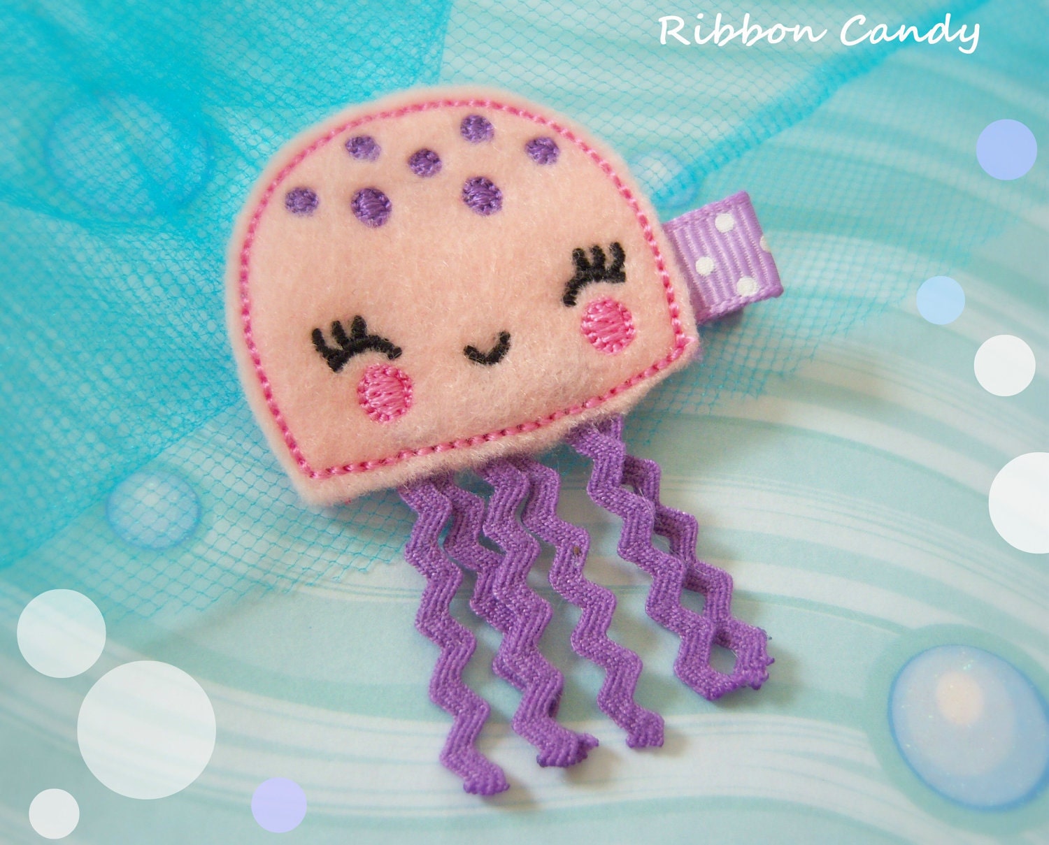 Jellyfish Felt Hair Clip - Embroidered Felt Clip - in Light Pink and Purple - non slip - Under the Sea