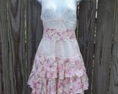 Upcycled Slip Dress Shabby Tattered Altered Refashioned Wedding Pink Roses Dress Gown Sz M/L