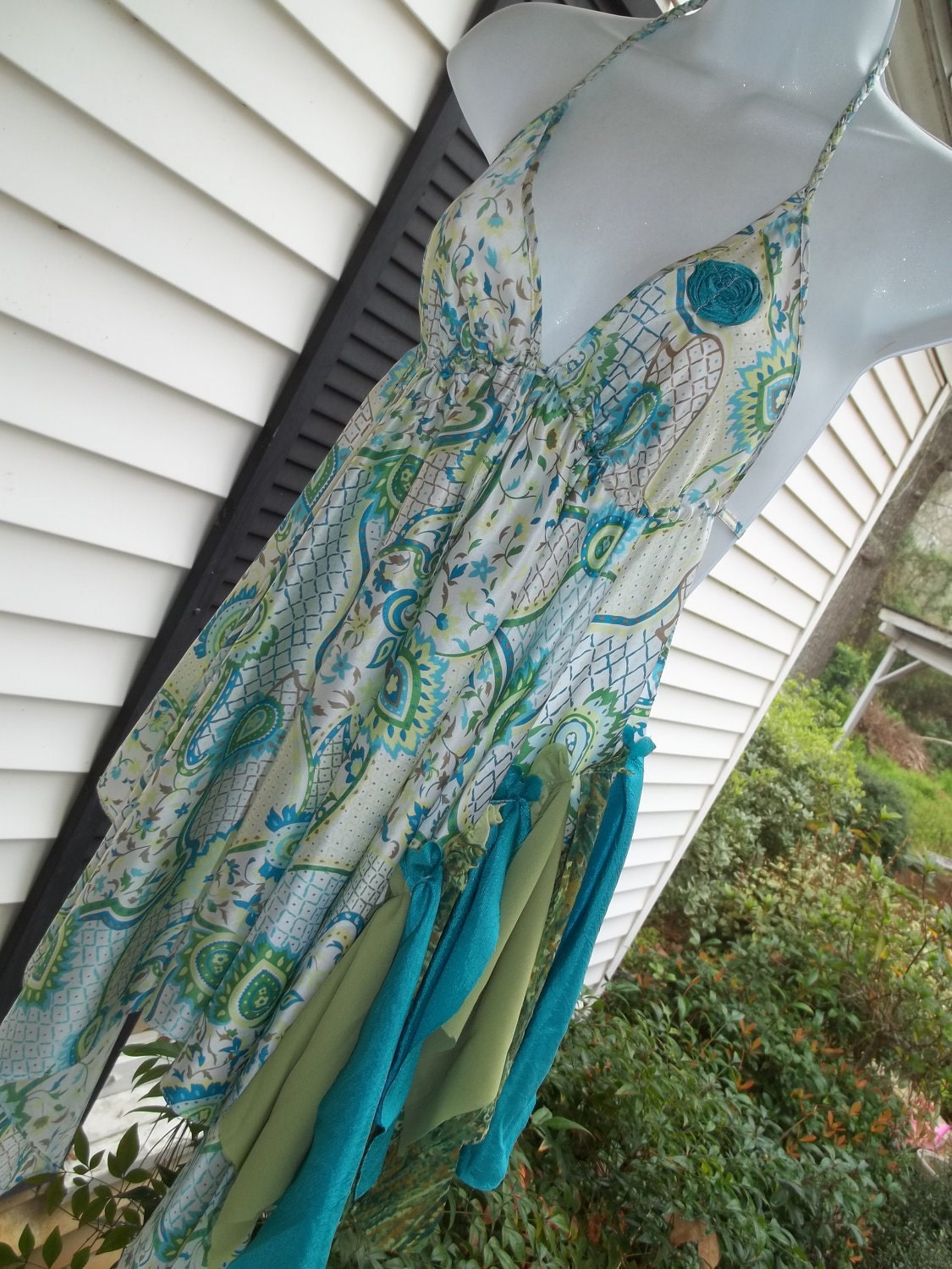 Upcycled Tank Top Tunnic Halter Cover-Up Shabby Tattered BoBo Altered Silk Turquoise White Green Size Open