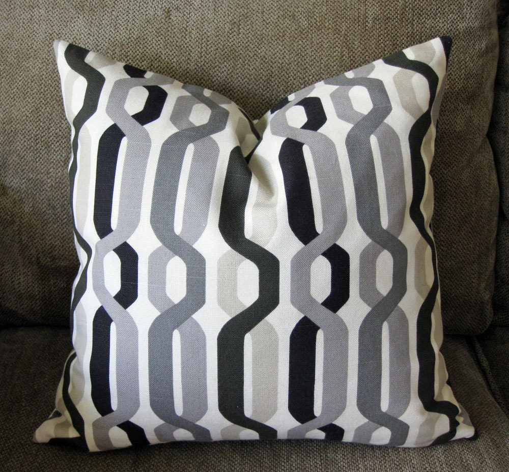 Decorative Pillow Cover, 18" x 18" in Tan, Black,Stone, Pewter and Charcoal Gray on an Ivory Background.