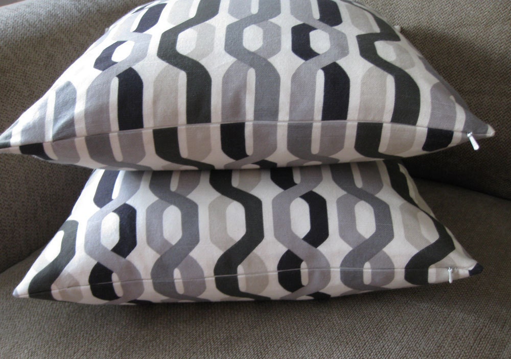 Decorative Pillow Cover, 18" x 18" in  Tan, Black,Stone, Pewter and Charcoal Gray on an Ivory Background.