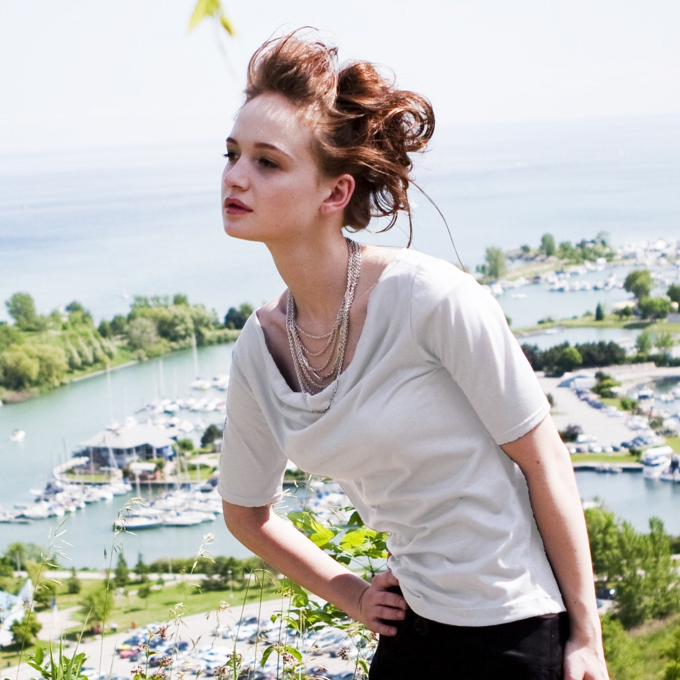 White bamboo & cotton blouse with cowl neckline and half-length sleeve - Florence Top - made to order