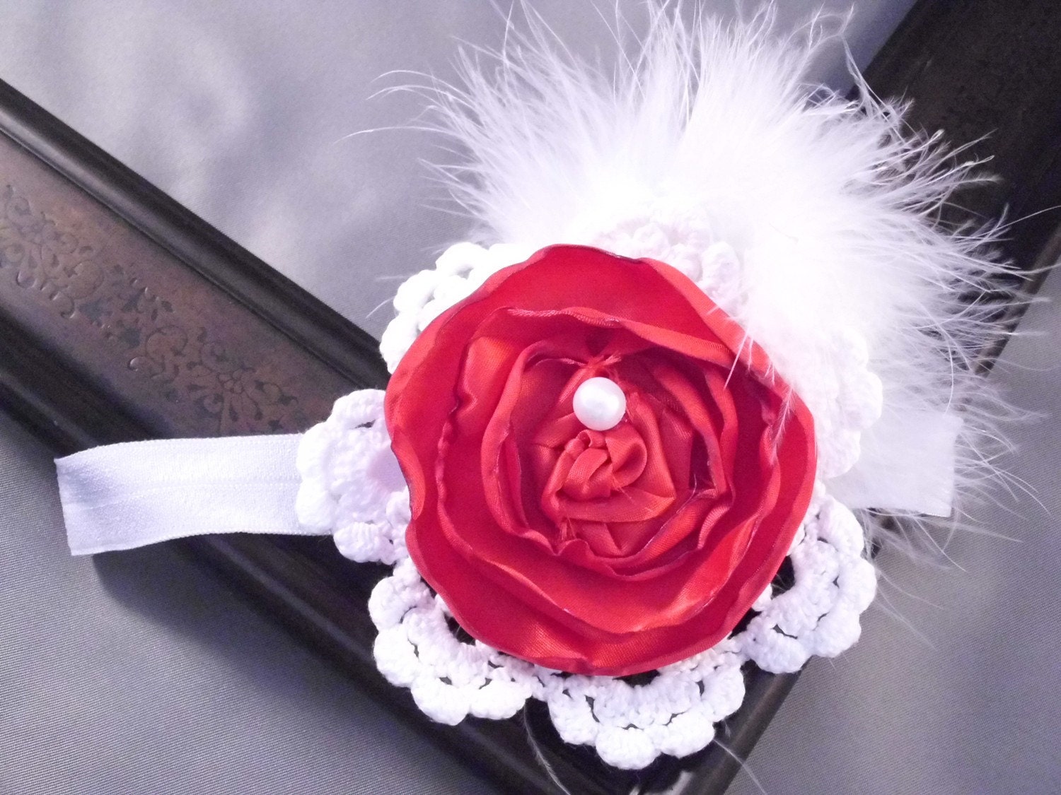 Vintage Flapper Hair Clip Headband Red Flower with Marabou and Rhinestone or Pearl-photo prop, newborn, blessing, wedding, photography