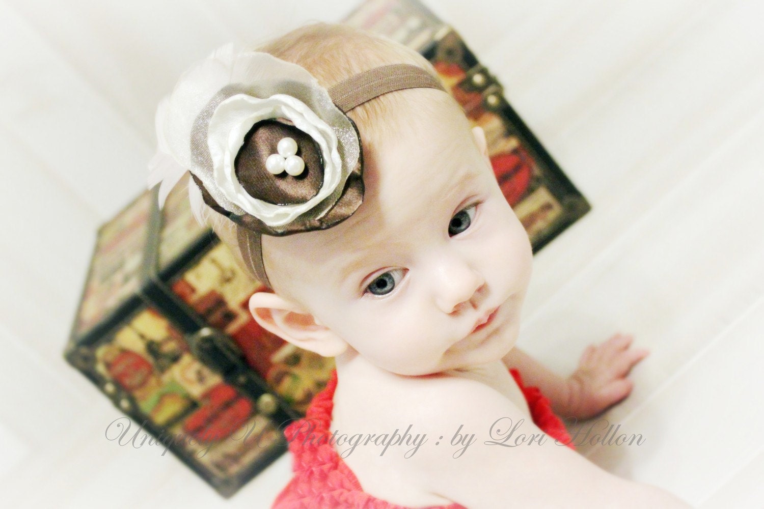 Vintage Flapper Hair Clip Headband Brown and Cream with Feathers and Pearls-photo prop, newborn, blessing, wedding, photography