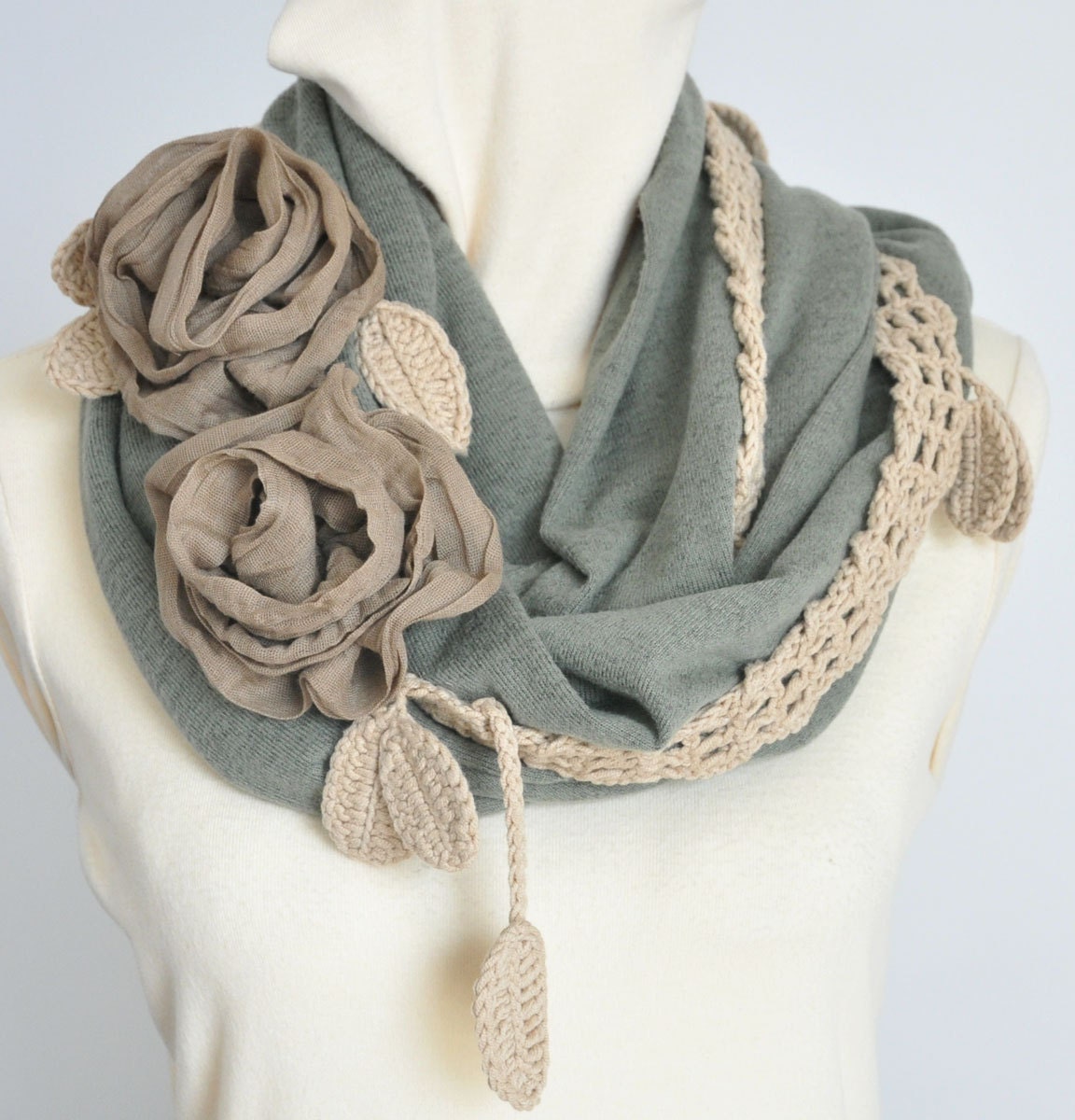 FLORAL JERSY - Green - Crochet Lace and Jersy Tube Scarf/ Shawl/Shrug