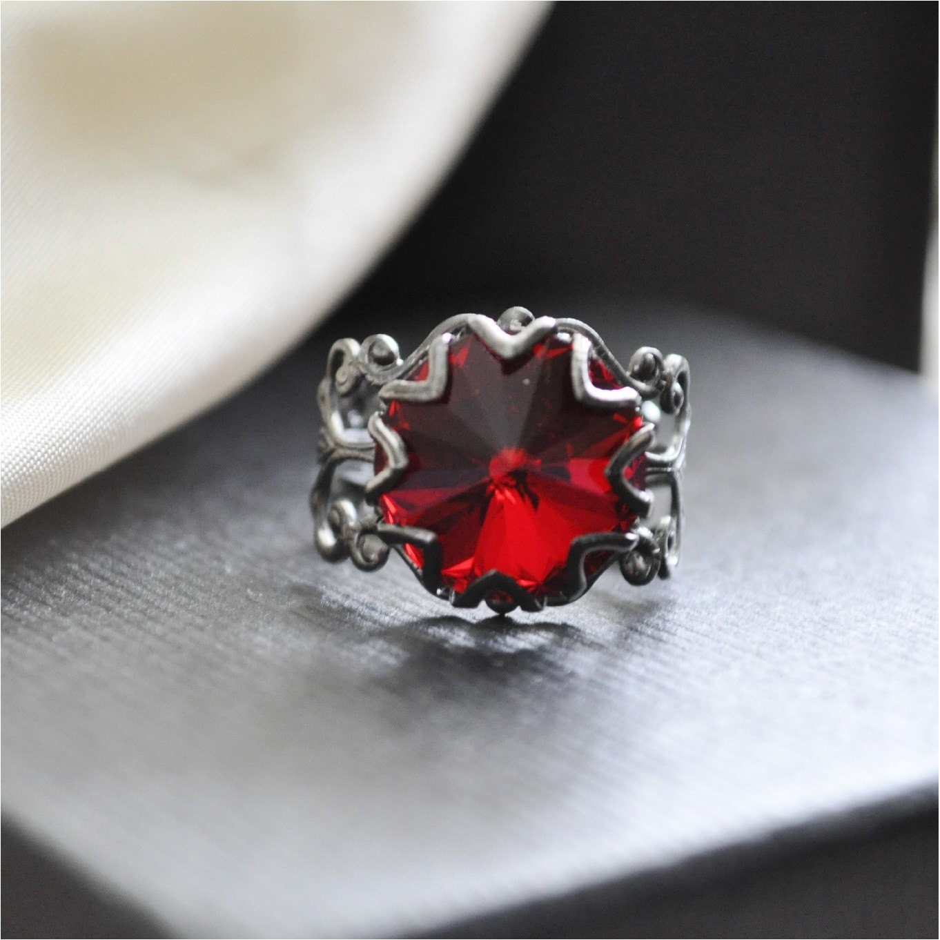 THANKSGIVING SALE Blood Red Swarovski Crystal Ring in Gunmetal Black Filigree Band, Free Shipping, Captured