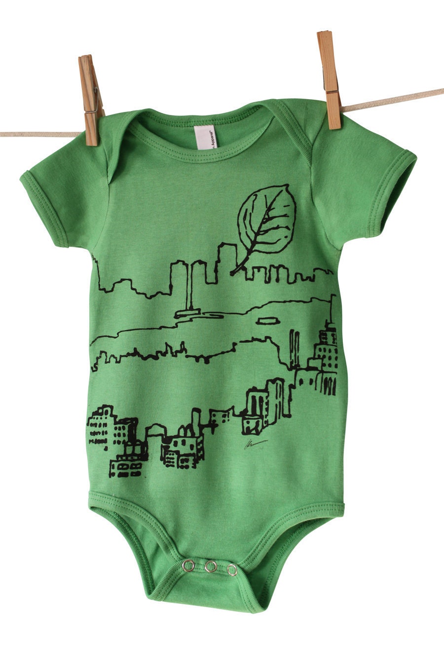 Central Park Leaf Boy Girl Baby Onesie, Hand-Printed Eco Friendly Lithograph, Grass Green, 12-18 months