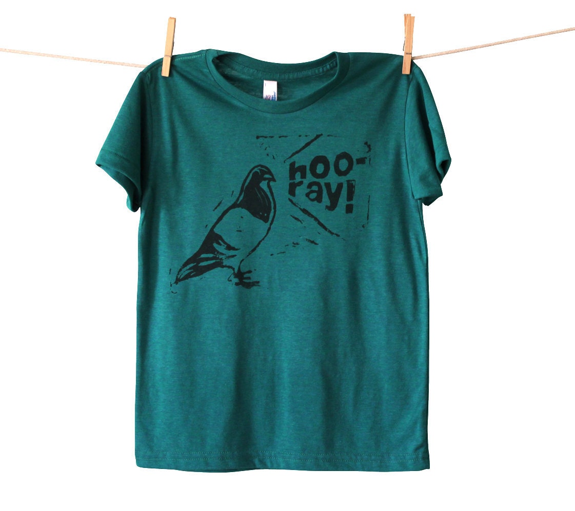Hooray Brooklyn Pigeon, Youth Kid Tshirt, Hand-Printed Ecofriendly Lithograph, American Apparel Evergreen, Youth 8