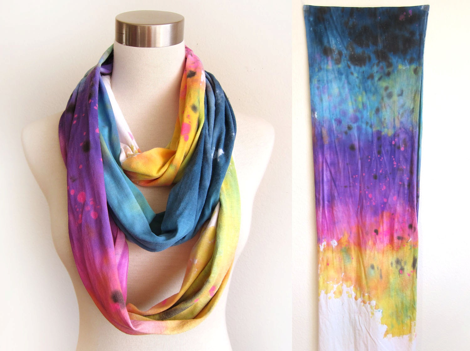 The Original "Splash Dyed" Hand PAINTED Slouchy Jersey Circle Scarf in White Spectrum Rainbow