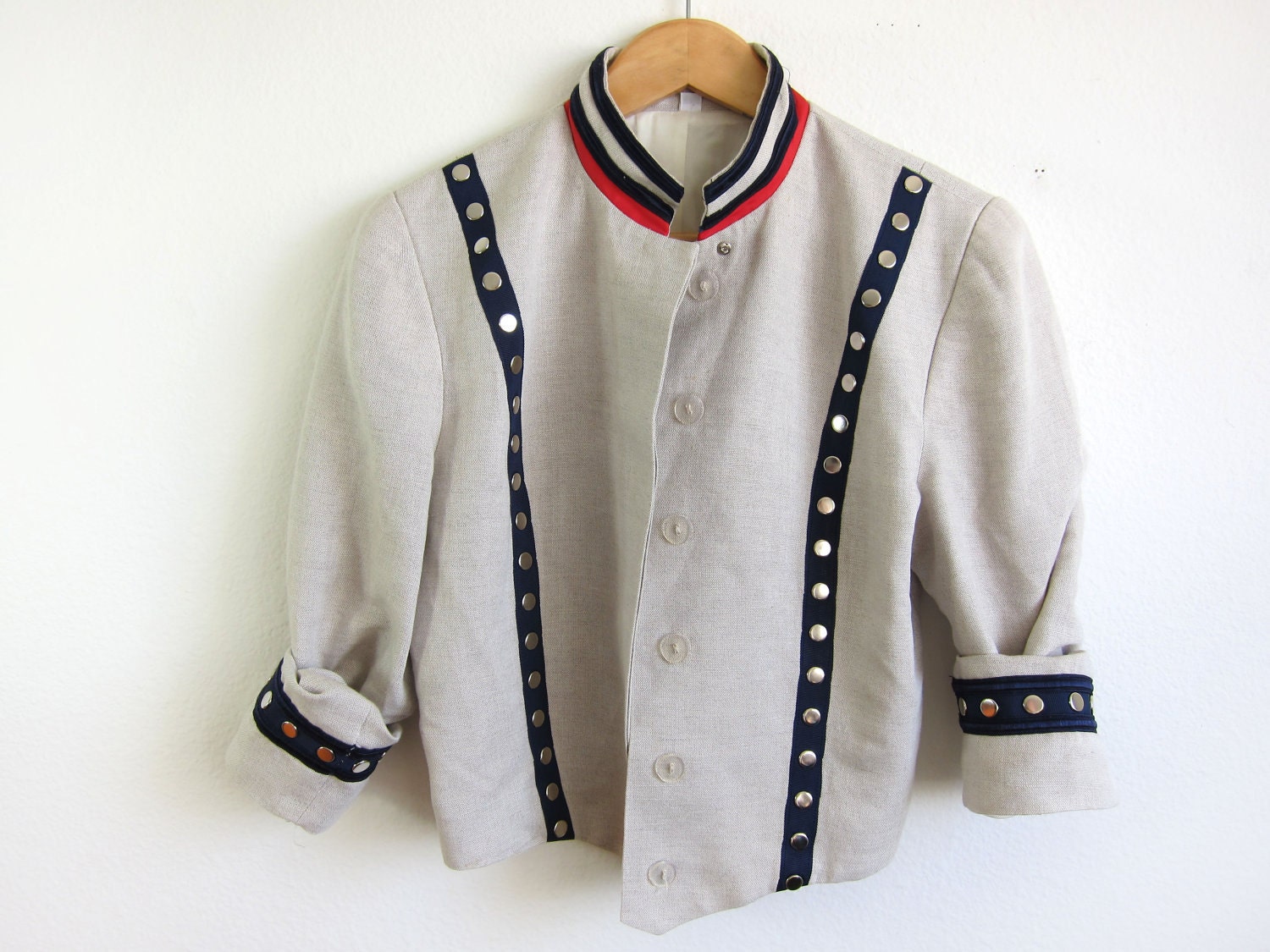Vintage Slim Fit Military Studded Boyfriend Blazer Marching Band Jacket in Linen