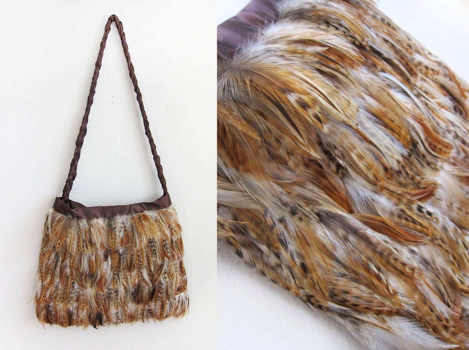 SALE - Vintage Style Hippie Feather Fringe Shoulder Bag with Braided Satin Strap