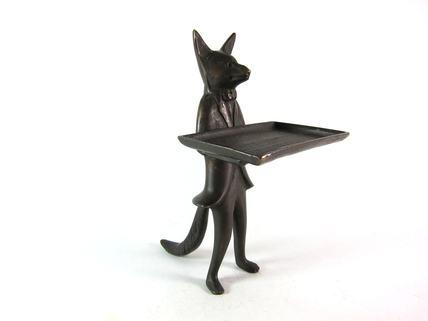 Vintage Mid Century Modern Bronze Gentleman Fox Card Holder with Suit and Bowtie