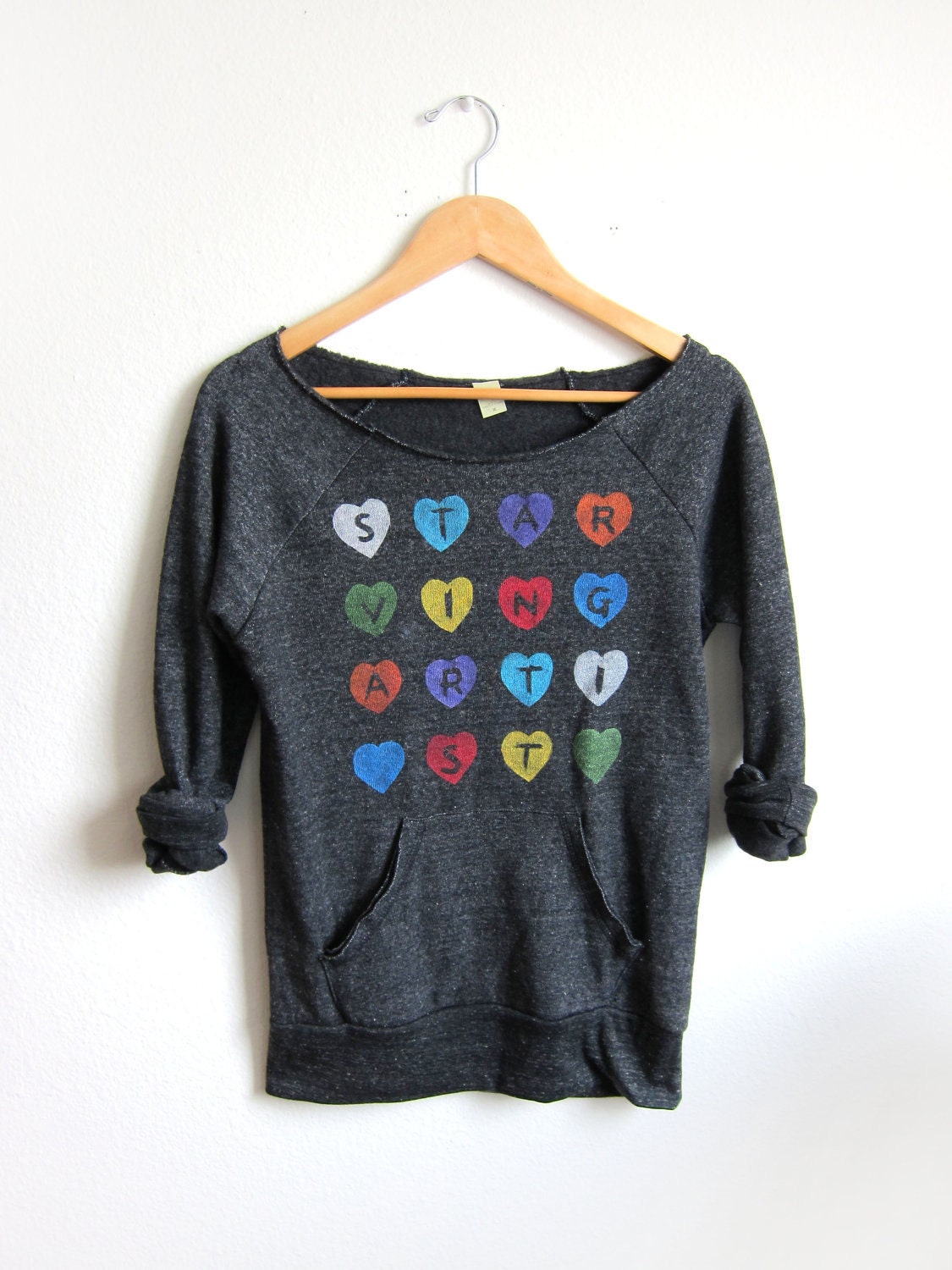SAMPLE SALE - Starving Artist Hearts Deep Scoop Neck Pinned Rolled Cuffs Tee in Grey White Striped Multi Rainbow - M