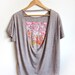 LIVE & Be FREE - Pennant Banner Hand Stenciled Deep Scoop Back Neck Hi Lo Heather Burnout Tee in Ash Brown with Neon Citrus Pink - S M L XL