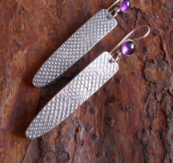 Sterling Silver Earrings, Sterling Earrings, Purple Amethyst Rustic OrganicTextured Sterling Dangle, Urban Ethnic Tribal Metalsmith Spear