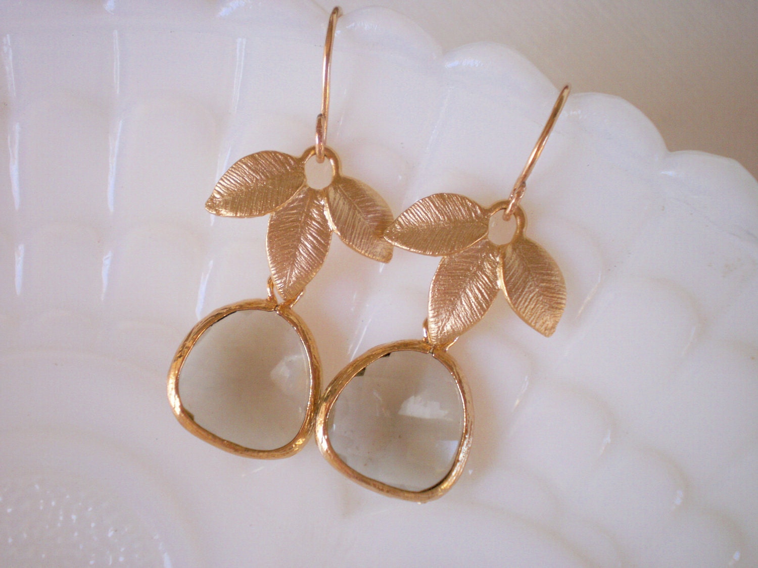 Gold Framed Glass, Olive Green, Triple Leaf Gold Earrings, Best Friend, Birthday, Bridesmaid Earrings Gift