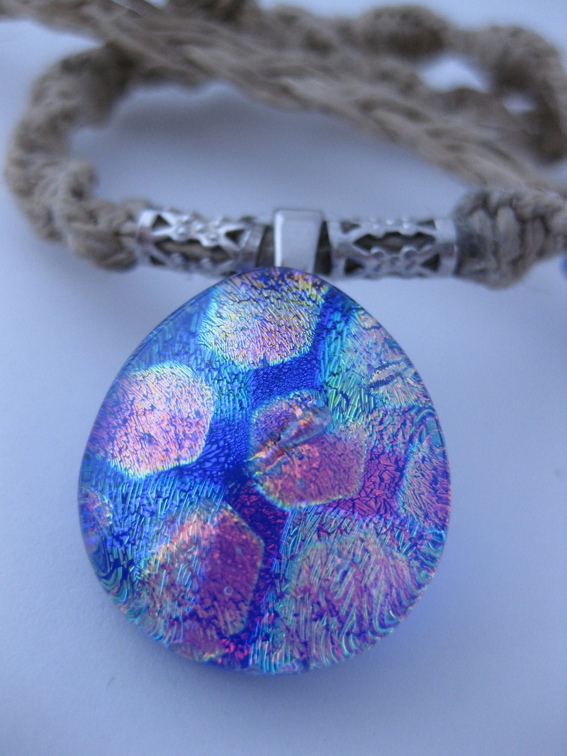 Hemp Jewelry (Necklace) - OOAK Abstract Cross Teardrop Dichroic Glass Pendant on Raw Twisted Hemp Necklace
