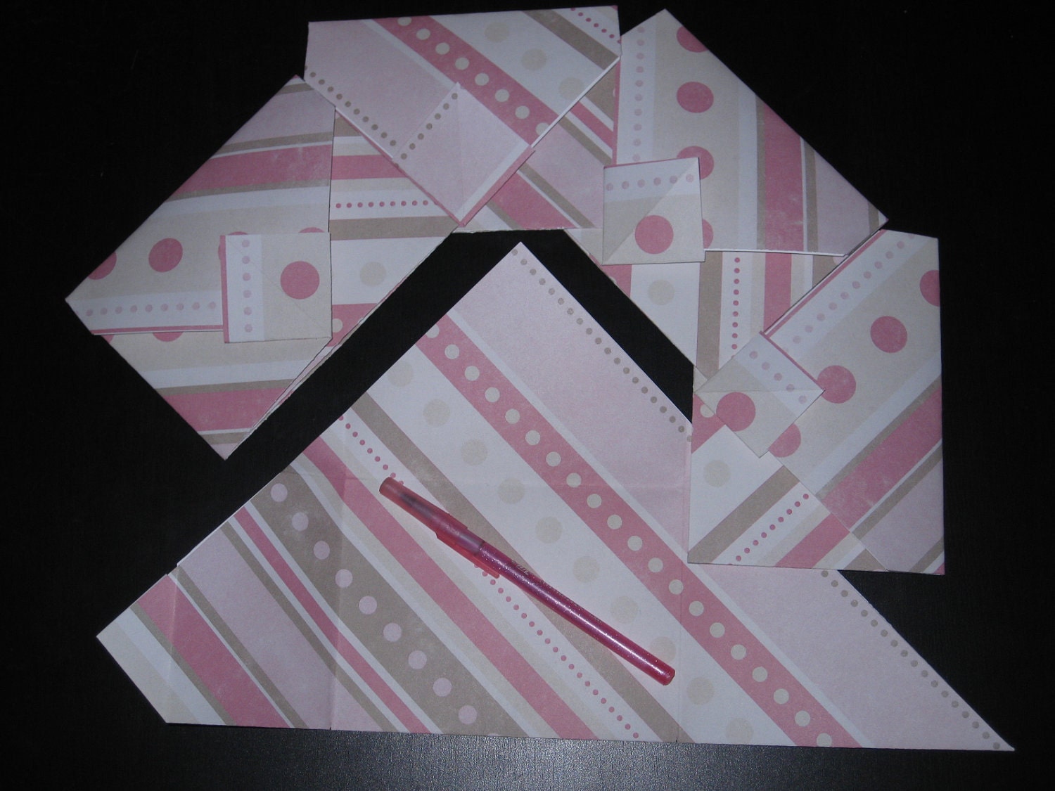 Lot of 5 Decorative Multi-Folded Self-Closing Origami Envelopes - Double Thick Single Sided 12x12 Scrapbook Paper (Stripes & Polka Dots)