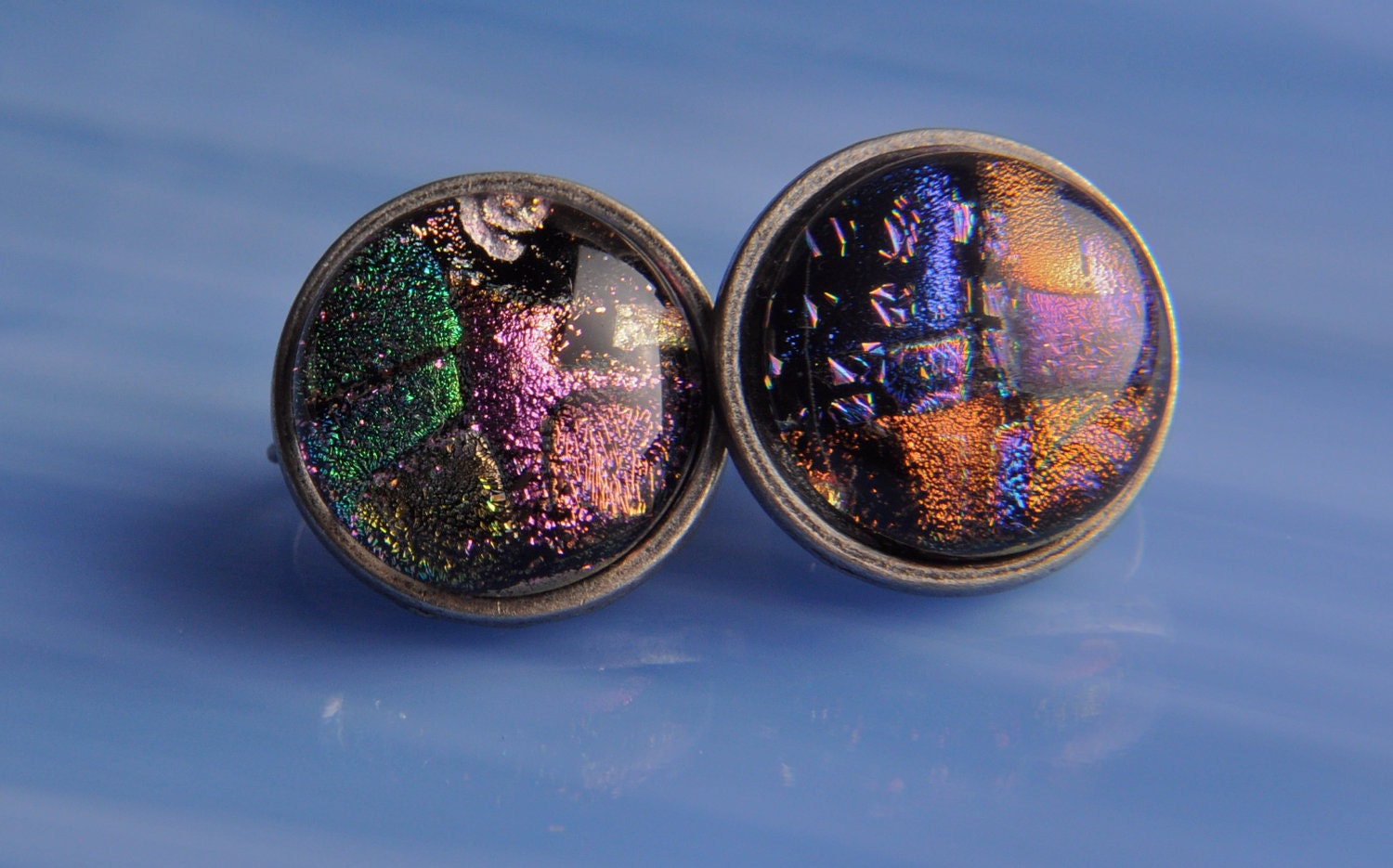 Handmade Dichroic Glass Earrings Antiqued Silver