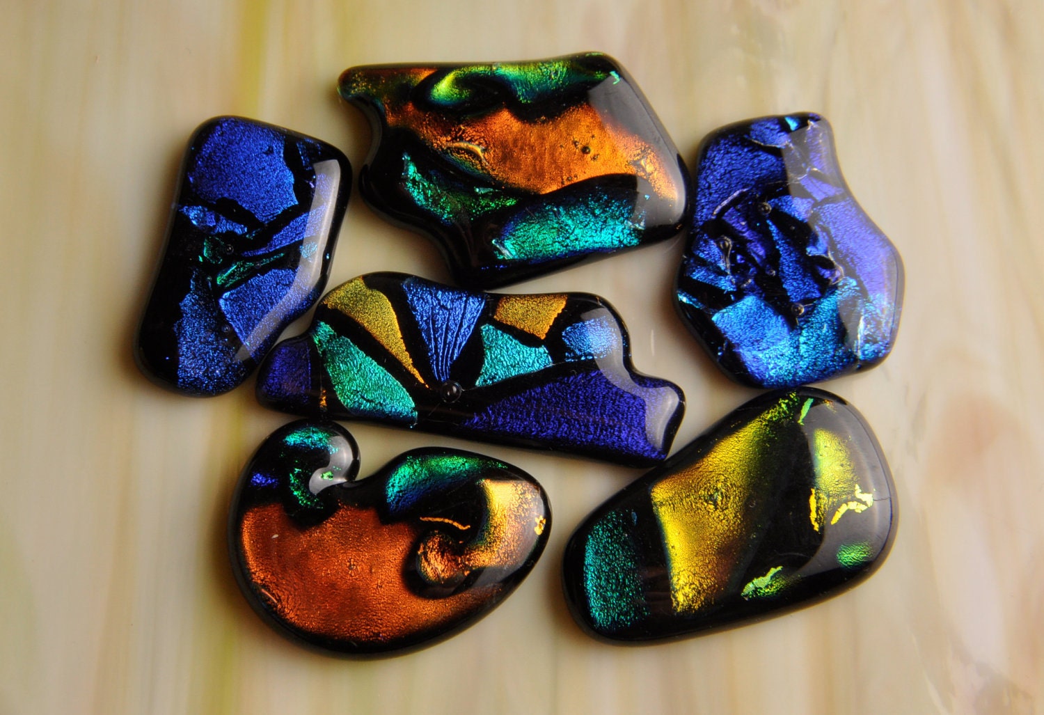 6 XL Handmade Dichroic Fused Glass Cabs Cabochons Bead Lot