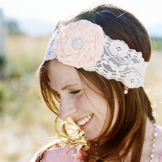 RUTH - Cream and peach lace rose headband