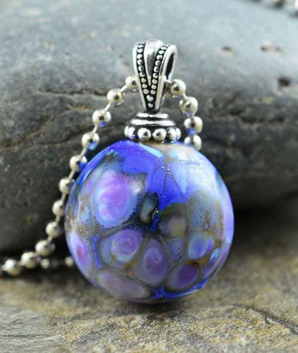 NIGHT LILIES - lavender lilac violet z-99 frit and cobalt glass - Handmade Lampwork Bead Pendant with 24 inch silver ball chain necklace