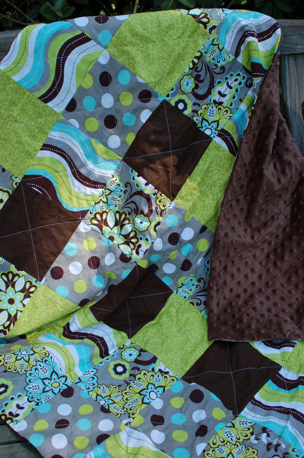 Brown Green Agua Grey Cotton Fabric Baby Quilt Minky