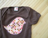 organic onesie with pink polka dot bird applique