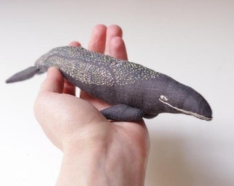 Gray linen whale/ soft sculpture