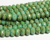 Czech Glass Faceted Fire-Polished Rondelle - 6x4mm - Opaque Turquoise Green Picasso - 25 beads