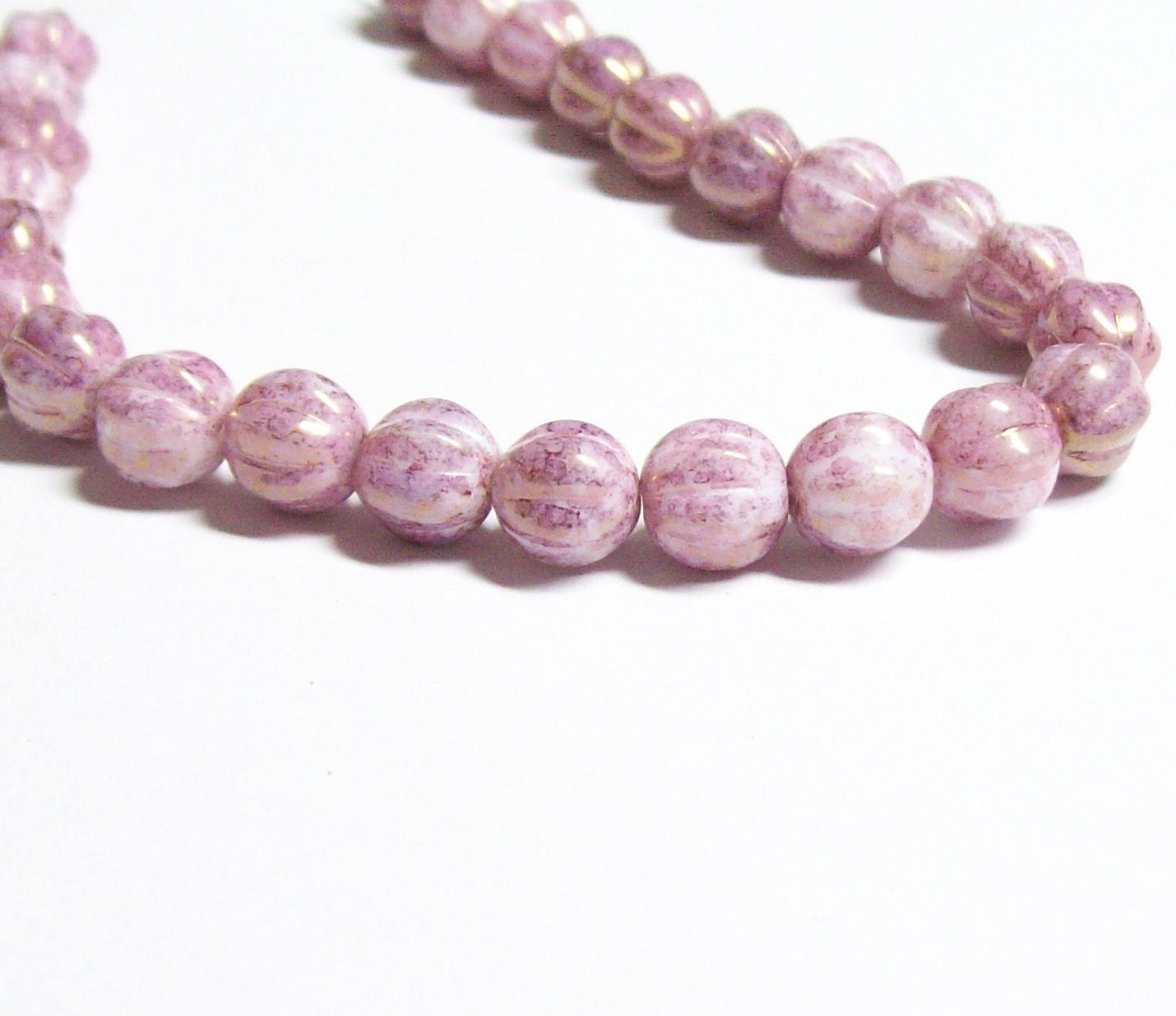 Czech Pressed Glass 8mm Fluted Round Beads - Opaque Topaz Pink Luster - 20 Beads